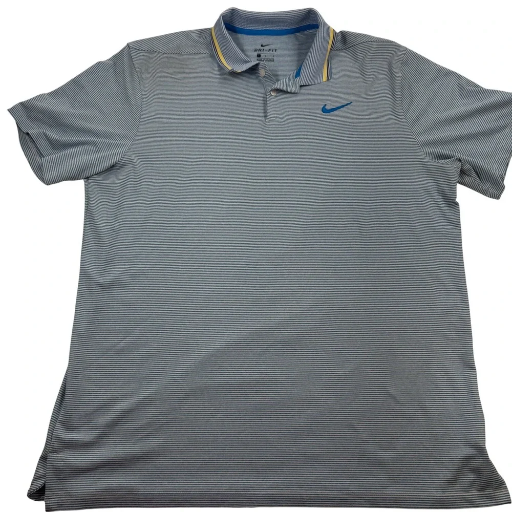 Nike Dri-FIT Polo Shirt Mens Lg Blue Striped Golf Performance Casual Sporty